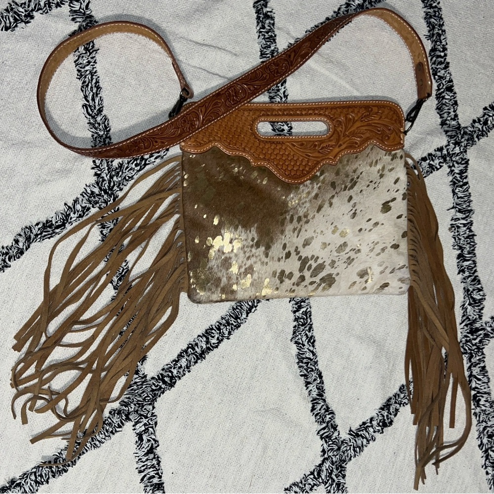 American Darling HairOn Acid Wash Cowhide Clutch Hand-tooled Crossbody Strap